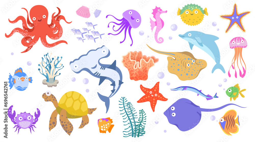Set with hand drawn sea life elements. Vector doodle cartoon set of marine life objects for your design. Aquatic characters,ocean animals, funny aquarium creature. Underwater nowaday vector animal set