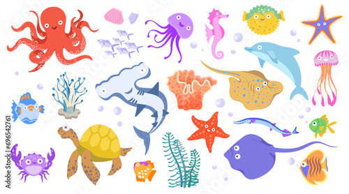 Set with hand drawn sea life elements. Vector doodle cartoon set of marine life objects for your design. Aquatic characters ocean animals  funny aquarium creature. Underwater nowaday vector animal set