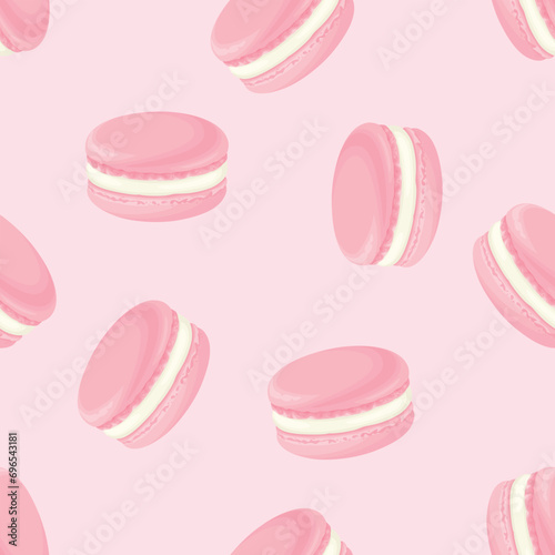 French macaroons on pink background. Sweet food seamless pattern. Vector cartoon illustration.