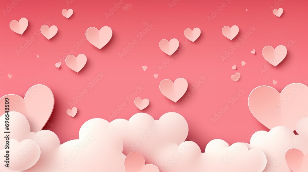 Paper cute hearts flying above clouds background image