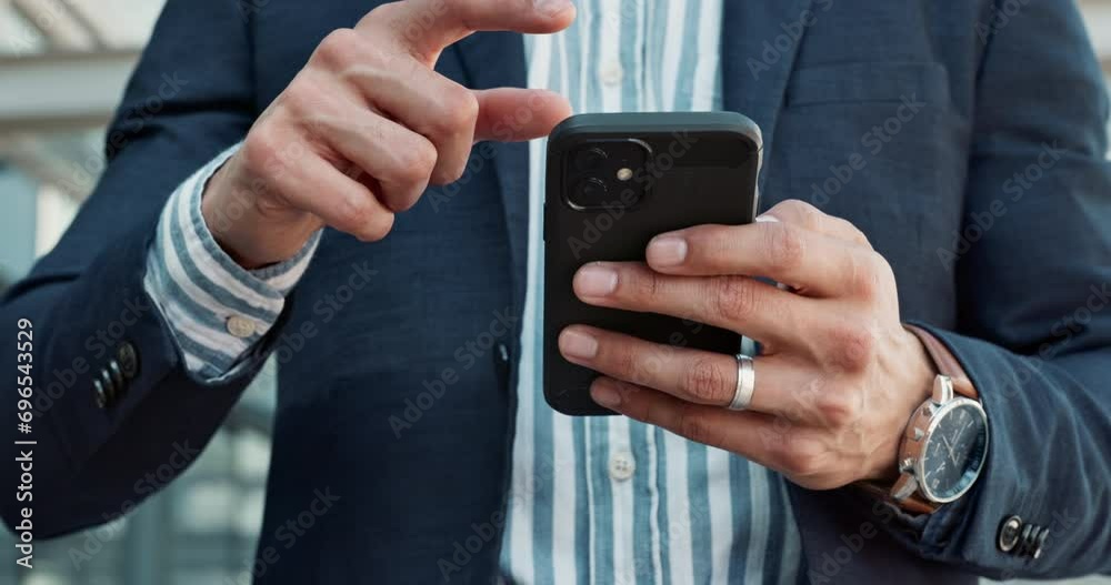 Businessman, hands and phone for communication, social media or outdoor networking in city. Closeup of man or employee browsing or scroll on mobile smartphone for business, research or connection