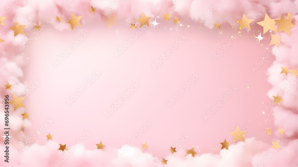 Fluffy blank frame with warm pink and gold stars and snow for Christmas background