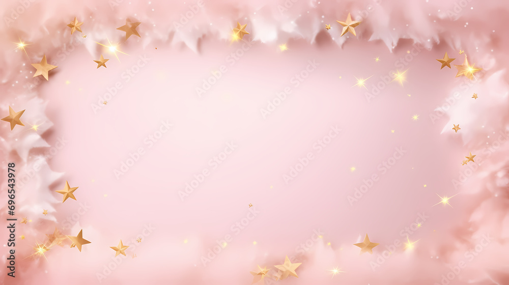 Fluffy blank frame with warm pink and gold stars and snow for Christmas background Fluffy blank frame with warm pink and gold stars and snow for Christmas background