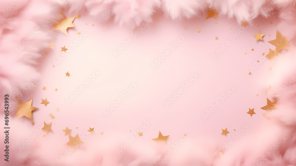 Fototapeta premium Fluffy blank frame with warm pink and gold stars and snow for Christmas background