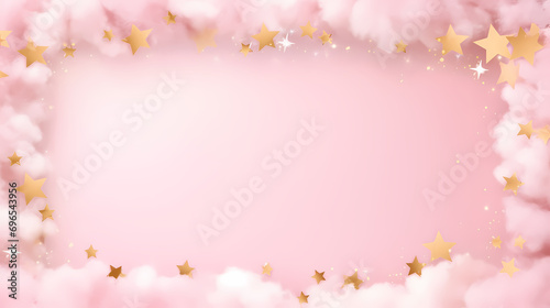 Fluffy blank frame with warm pink and gold stars and snow for Christmas background