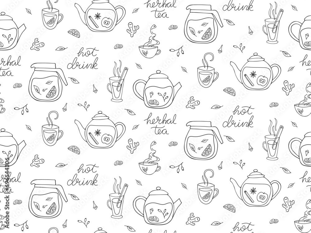 Seamless pattern of teapots, cups, leaves, lemon. Doodle outline hot tea drink. Herbal healthy tea elements. Line drawn background for cafe menu, shop, wrapping paper. Black and white illustration Seamless pattern of teapots, cups, leaves, lemon. Doodle outline hot tea drink. Herbal healthy tea elements. Line drawn background for cafe menu, shop, wrapping paper. Black and white illustration