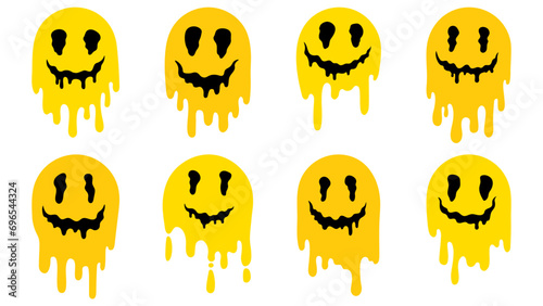 Melting smiles in flat style. Cute cartoon melted yellow smiling face avatars, stickers. Funny faces in trippy acid rave style.