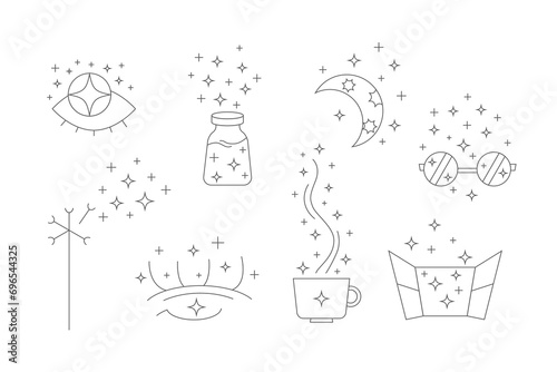 Line starlight compositions. Shine sparcle stars on jar, cup, moon, window silhouette