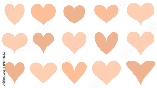 Symmetric hearts set in peach fuzz colors, Valentine's day hearts collection in flat style.