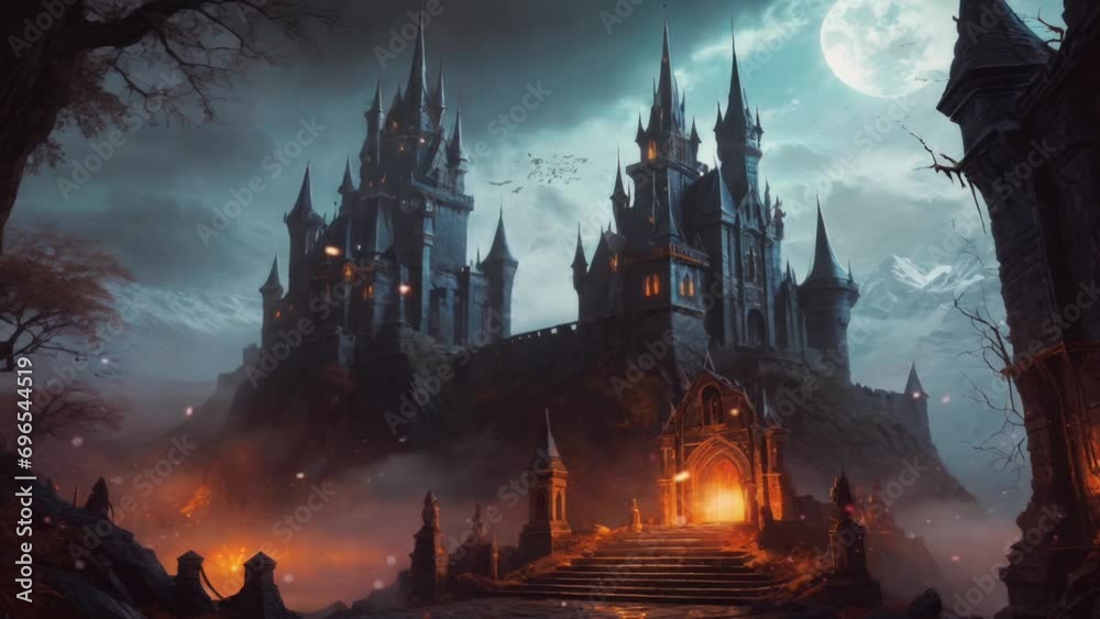 Dark fantasy landscape of medieval castle. Mysterious misty atmosphere. Full moon with cloudy sky. Loop animation video background
