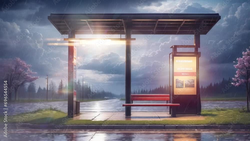 Lofi anime rainy bus stop. Quiet empty street road. Chill and relaxing atmosphere. Loop animation video background.