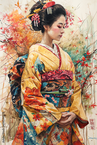Japanische Frau in traditioneller Kleidung - Zeichnung, Farben