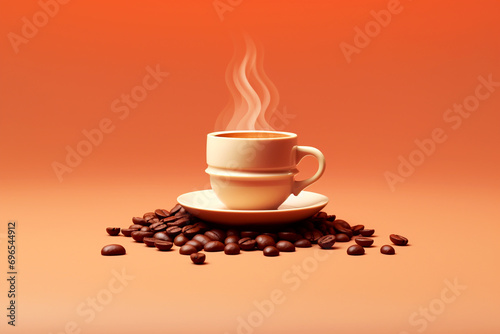 Coffee with smoke and grains on orange background. Cup of chocolate or cocoa with plate. Side view. Close up.  AI generation