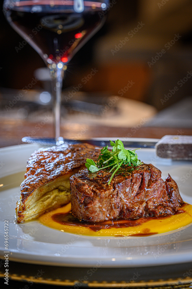 Grilled Chateaubriand with Potato au Gratin over Carrot Puree Grilled Chateaubriand with Potato au Gratin over Carrot Puree