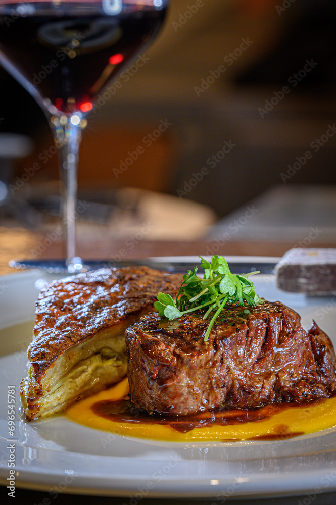 Grilled Chateaubriand with Potato au Gratin over Carrot Puree Grilled Chateaubriand with Potato au Gratin over Carrot Puree