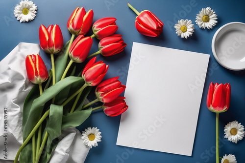 Happy mothers day. Flowers background. 8 march mom s bouquet. Tulips bunch flatlay Spring petal top view Bright floral gift Art colorful love card frame. Above fresh leaf. Flat lay on table Copy space photo