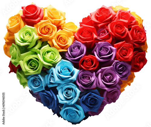 Flower arrangement in the shape of a heart of roses of rainbow colors on transparent background as a background for the designer. Valentines Day and pride  lgtb concept