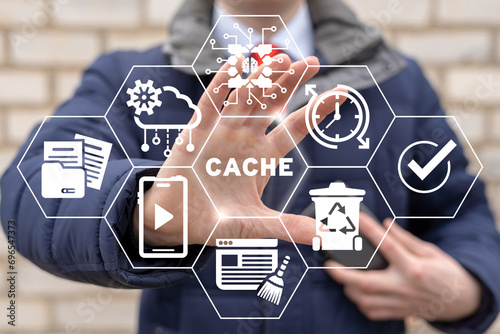 Man using virtual touch screen sees word: CACHE. Cleaning mobile phone from trash files. Deleting documents with cleansing software. Cache and spam concept for website design or landing web page.