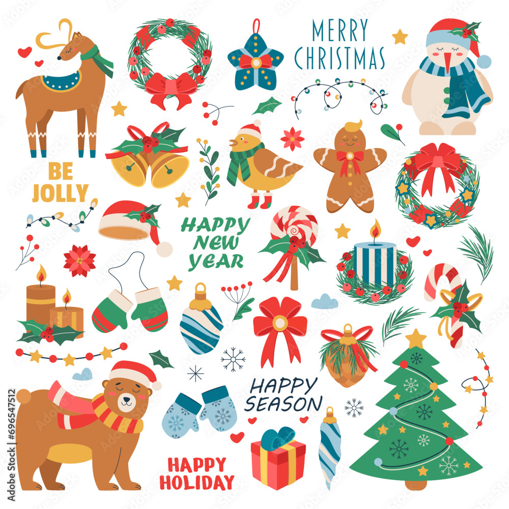 Set of Christmas toy, deer, wreath, bird, bell, text, lollipop, candle, glove, snowman, beer, garland, snowflake. Set of Christmas toy, deer, wreath, bird, bell, text, lollipop, candle, glove, snowman, beer, garland, snowflake.