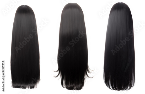 Black hair set isolated on a white background - various styles, lengths, shades. Glamour woman hair