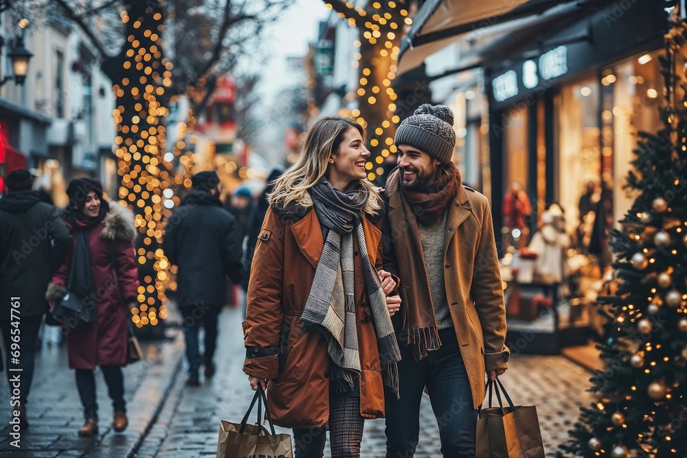 couple amoureux faisant ses achats de Noël dans les rues piétonnes et commerçantes d'un centre ville décoré pour les fêtes de fin d'année