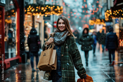 femme faisant ses achats de Noël dans les rues piétonnes et commerçantes d'un centre ville décoré pour les fêtes de fin d'année