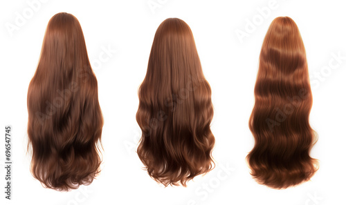 Brunette hair set isolated on a white background - various styles, lengths, shades. Glamour woman hair - brown hair