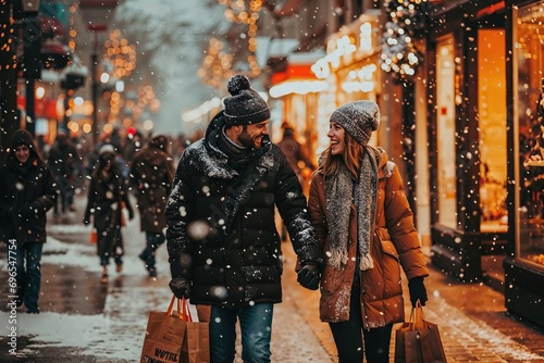 couple amoureux faisant ses achats de Noël dans les rues piétonnes et commerçantes d'un centre ville décoré pour les fêtes de fin d'année photo