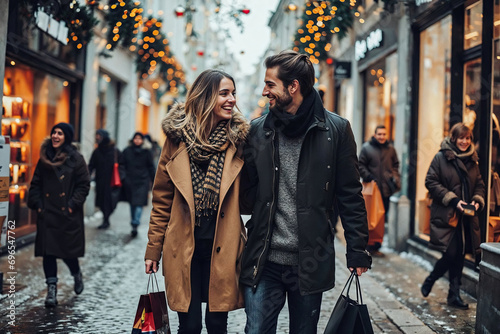 couple amoureux faisant ses achats de Noël dans les rues piétonnes et commerçantes d'un centre ville décoré pour les fêtes de fin d'année photo