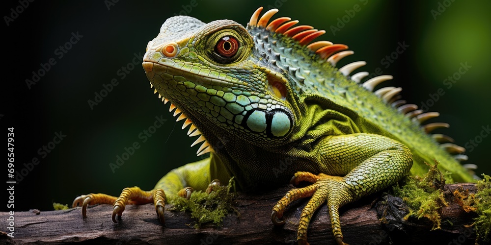 vibrant green lizard with a distinctive yellow spot on its back, perched gracefully on a branch 