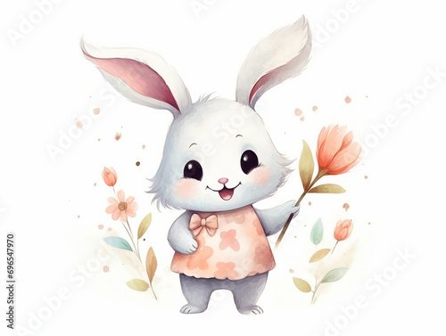 Cute cartoon bunny with flower on white