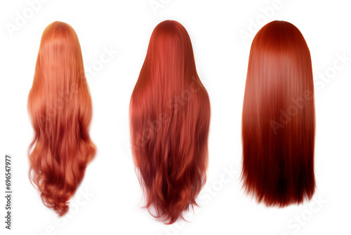 Red hair set isolated on a white background - various styles, lengths, shades. Glamour woman hair - auburn hair - ember hair - redhead - raven haired back view photo