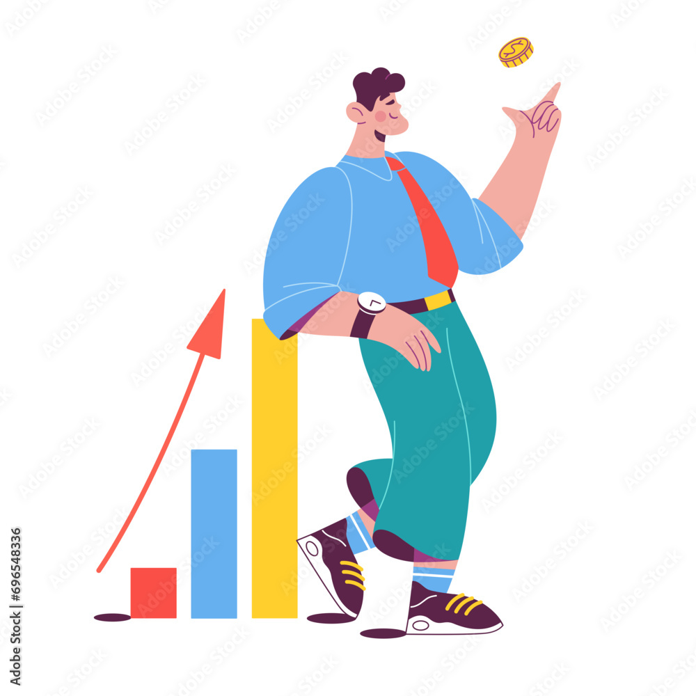 Man leaning on a growth chart while tossing a coin Man leaning on a growth chart while tossing a coin