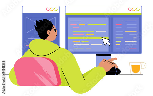 Man programmer writing code and make web design on a PC