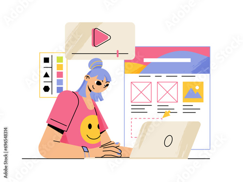 Web designer making landing page with video, color palette and site blocks