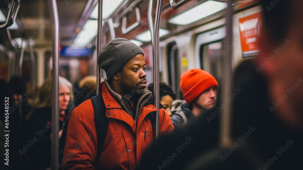 Thoughtful man in winter clothes riding subway train