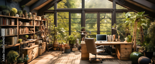 Cozy home office space surrounded by lush greenery and books