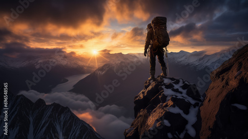 Hiker on the top of the mountain at sunset. Achievement concept