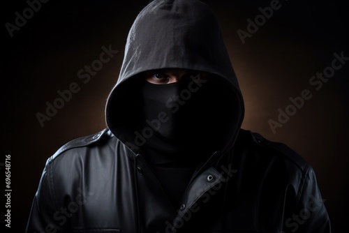robber in black coat and mask on dark background
