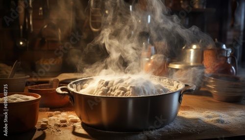 Steaming Food in a Pot on a Table