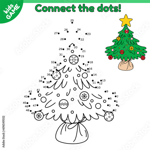 Dot to dot game for children. Christmas tree. Connect the dots by numbers and draw a small Xmas spruce decorated star and decorations balls. Kids educational puzzle on holiday New Year theme. Vector.