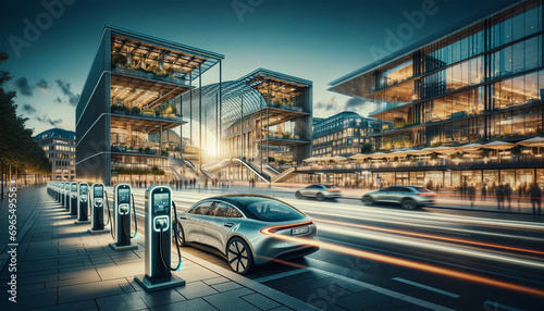 modern electric vehicle charging station in European city green future vision sustainable dynamic urban concept photo