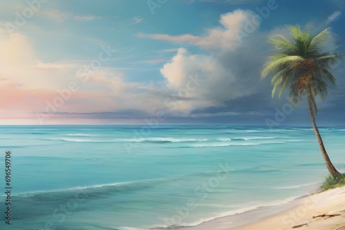 tropical beach panorama, seascape with a wide horizon, showcasing the beautiful expanse of the sky meeting the sea Generative Ai