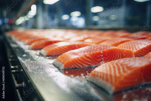 A production line of fresh salmon fillets at a fish processing factory