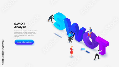 Isometric SWOT letters with characters. Strength, weakness, opportunity and threat typography design