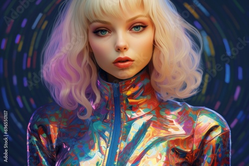 Young beautiful retro futuristic girl in bright clothes