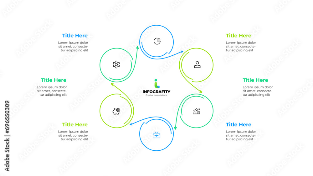 Infographic element of cycle diagram template with 6 circles and icons. Linear vector illustration for business progress performance Infographic element of cycle diagram template with 6 circles and icons. Linear vector illustration for business progress performance