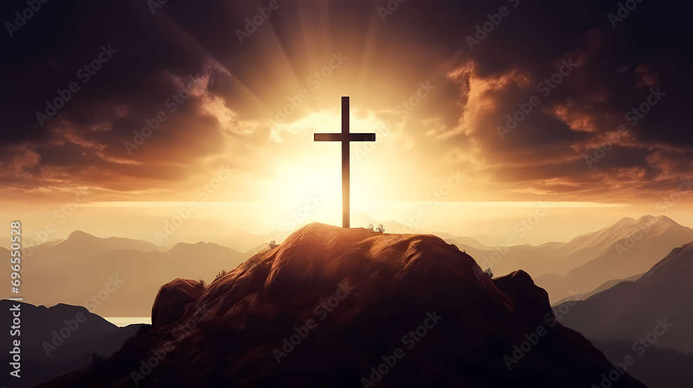 Silhouette holy cross concept symbol on top of mountain resurrection background with sunlight