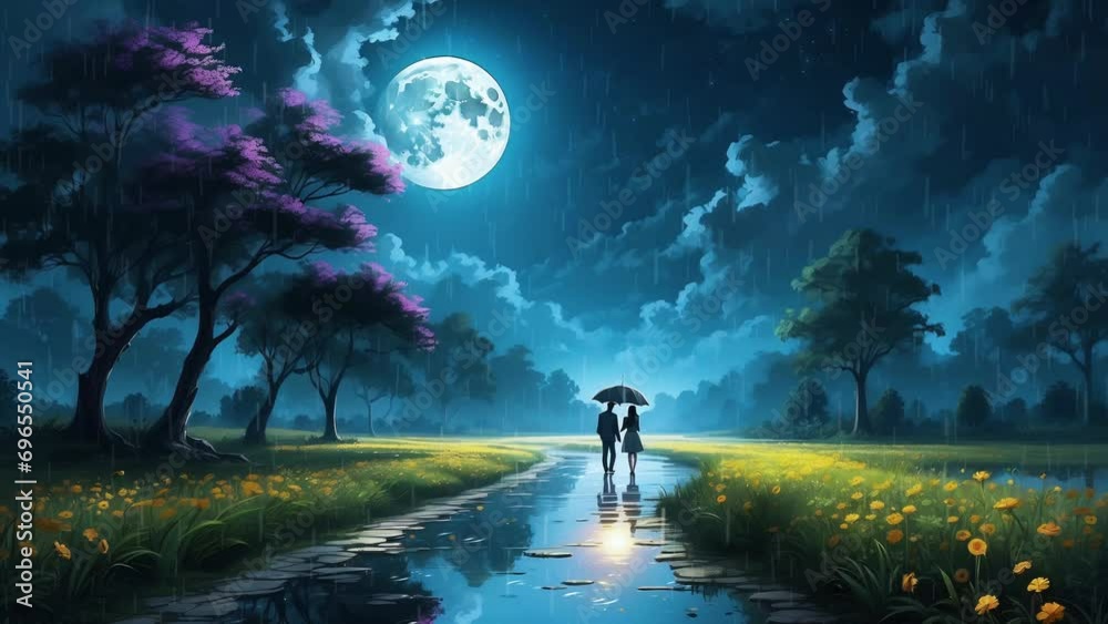 lovely romantic couple walking together under a shared umbrella, strolling along a deserted road after a refreshing rain shower , seamless 4K Lofi looping animation for Valentine's day.
