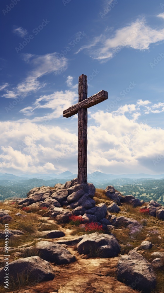 Wooden Christian cross on a hill